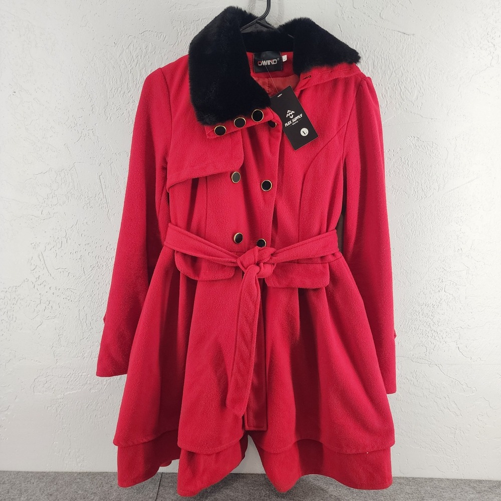 OWIND Red Faux Fur Collar Double Breasted Belted Peplum Swing Coat Large
